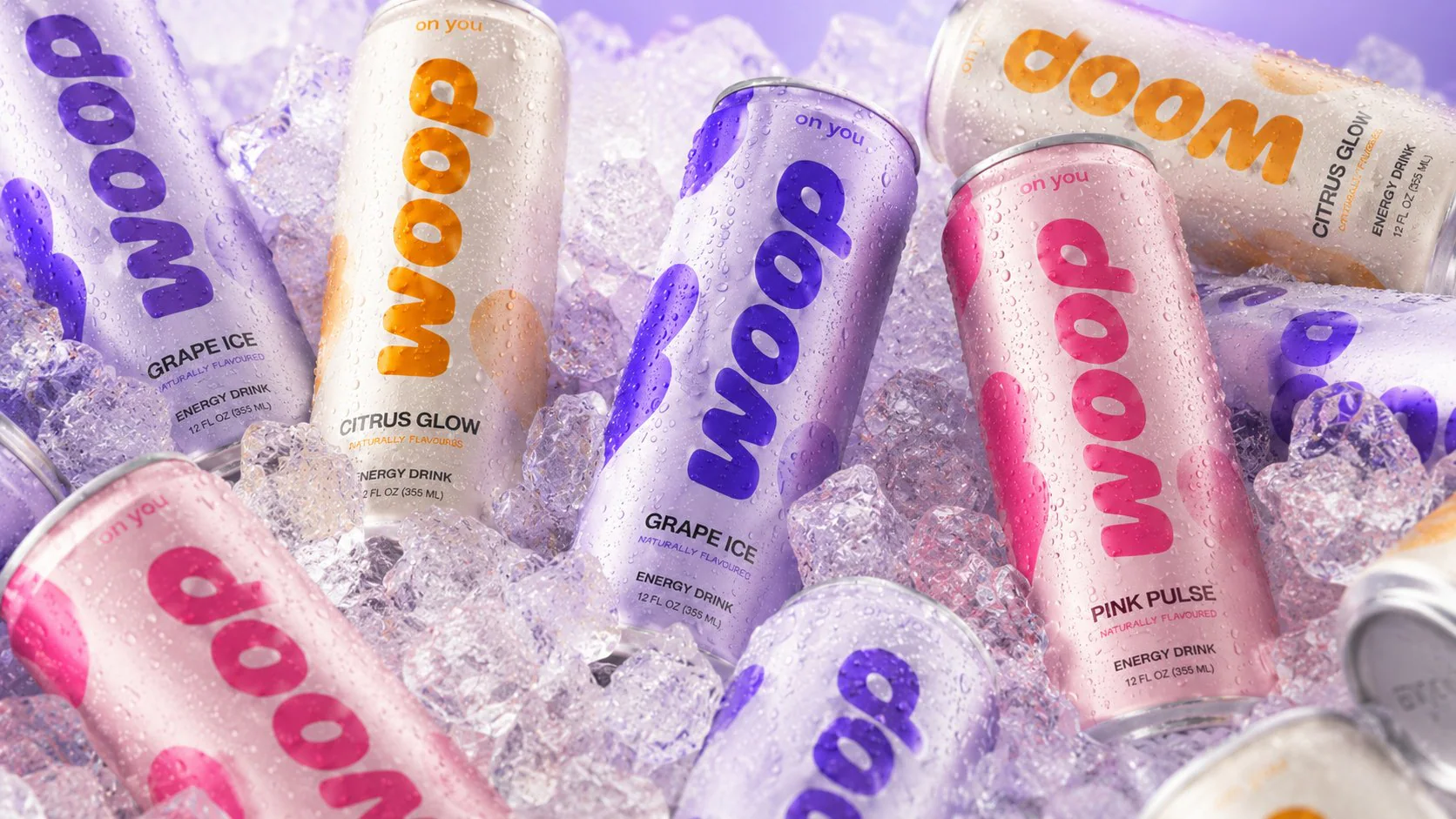 Woop energy drink cans on ice